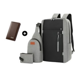 4PCS Combo Pack Men's Casual Waterproof Laptop Backpack Set College & Computer Bag With Wallet - Gray