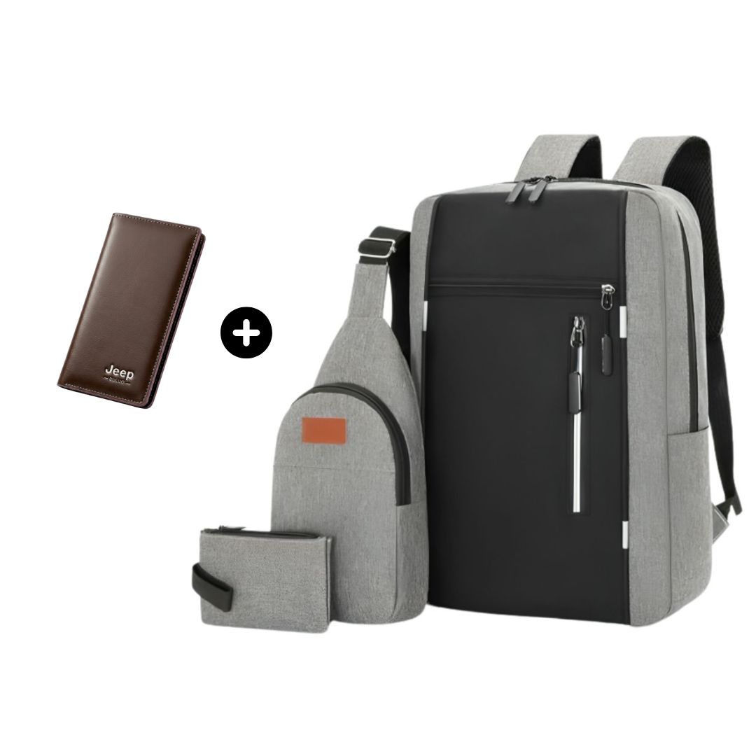 4PCS Combo Pack Men's Casual Waterproof Laptop Backpack Set College & Computer Bag With Wallet - Gray