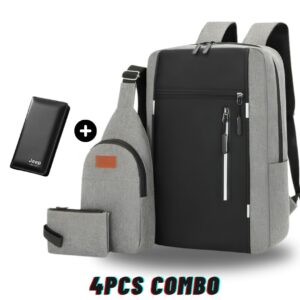 4PCS Combo Pack Men's Casual Waterproof Laptop Backpack Set College & Computer Bag With Wallet - Silver