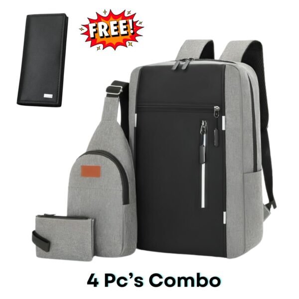 4 PCS Combo Pack Men's Casual Waterproof Laptop Backpack Set College & Computer Bag With Wallet - Silver