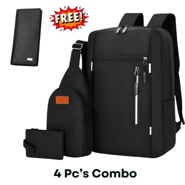 4PCS Combo Pack Men's Casual Waterproof Laptop Backpack Set College & Computer Bag - Black
