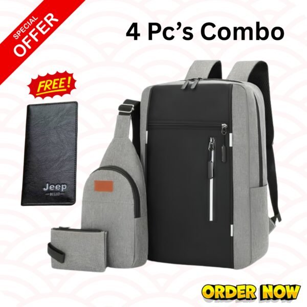 4 PC'S Combo Pack Men's Casual Waterproof Laptop Backpack Set College & Computer Bag With Wallet - Silver