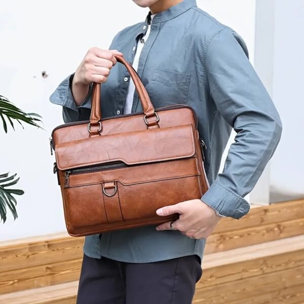 WSLCN Men’s Faux Leather Laptop Bag 14-Inch Briefcase, Business Shoulder Satchel for Office & Travel Backpack (Brown)