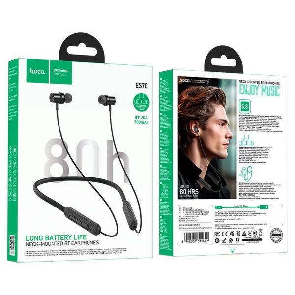 Hoco ES70 Long Battery Life Bluetooth Neckband Wireless Earphones with 80H Playtime Noise Cancelling Mic Lightweight Sports Headset