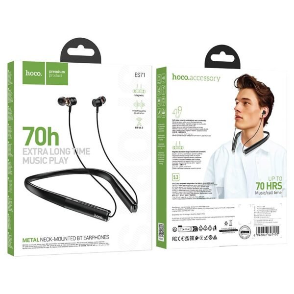 Hoco ES71 Bluetooth Wireless Neckband Earphones – 70H Battery Life, BT 5.3, Magnetic Earbuds, Type-C Fast Charging Headset for Music & Calls