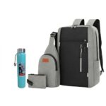 3PCS Gray Men’s Casual Backpack Combo + Water Bottle