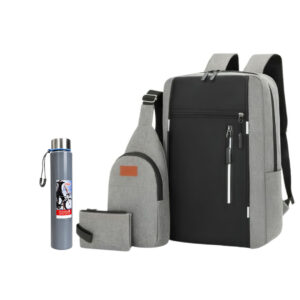 4PCS Gray Men’s Casual Backpack Combo + Water Bottle