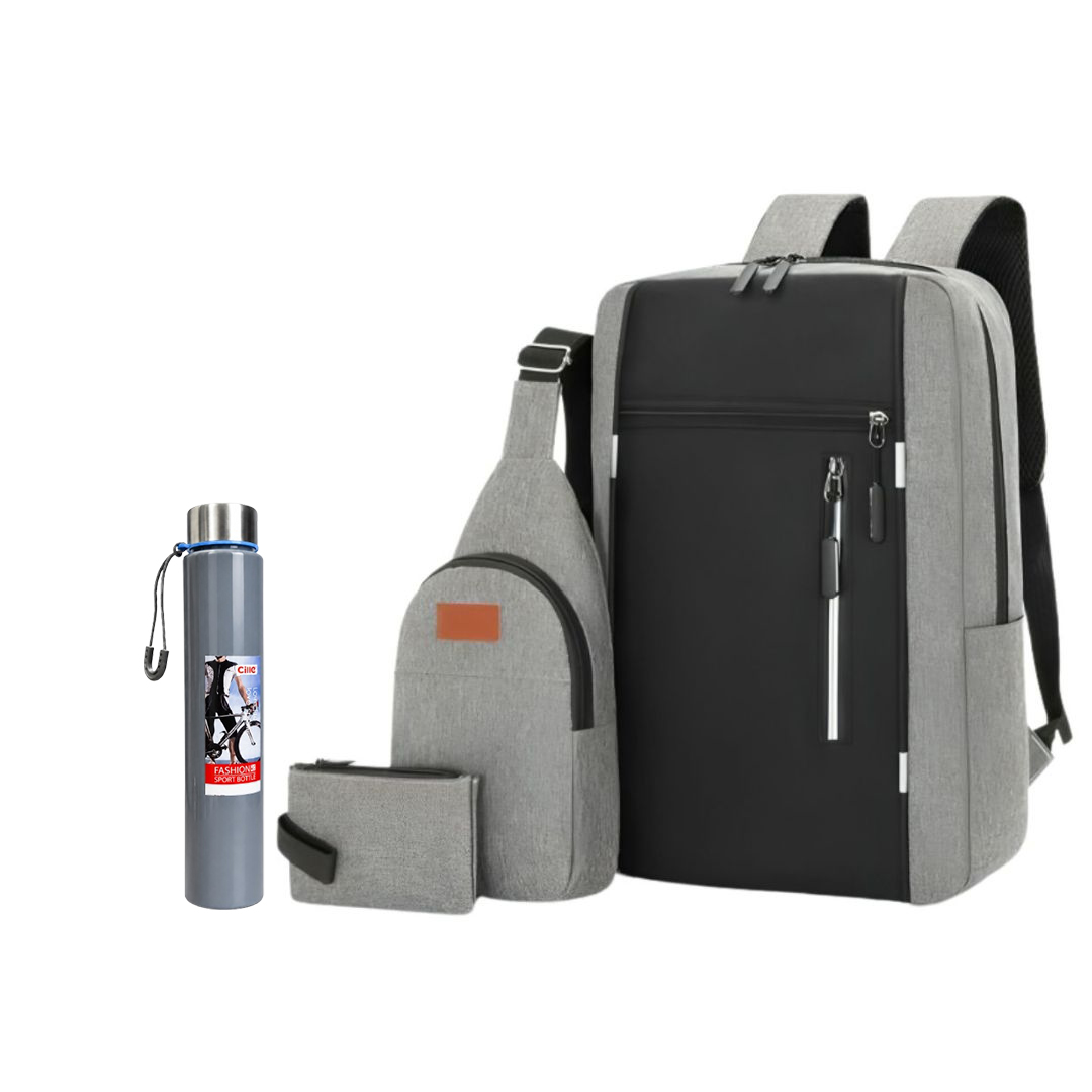 4PCS Gray Men’s Casual Backpack Combo + Water Bottle