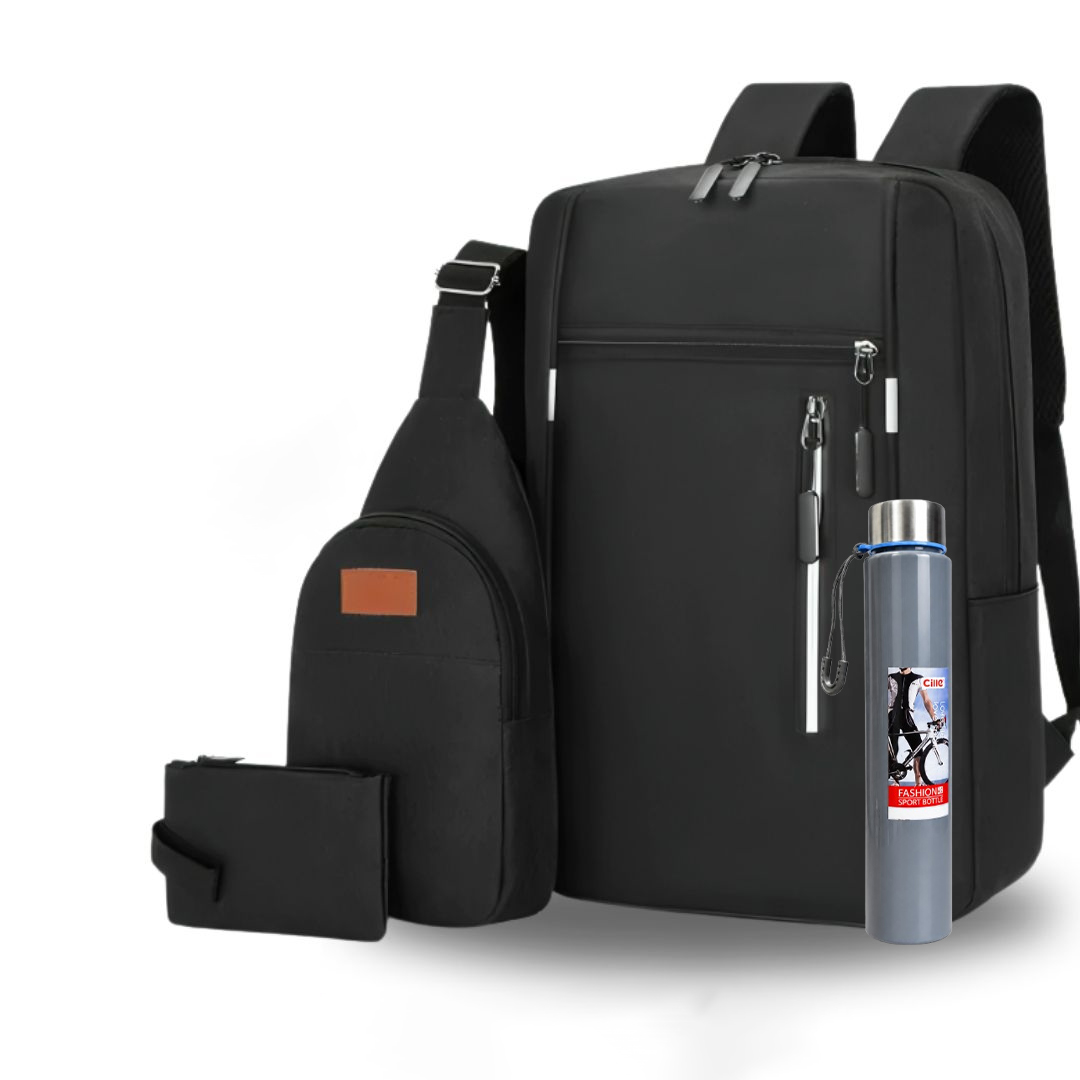 4PCS black Men’s Casual Backpack Combo + Water bottle
