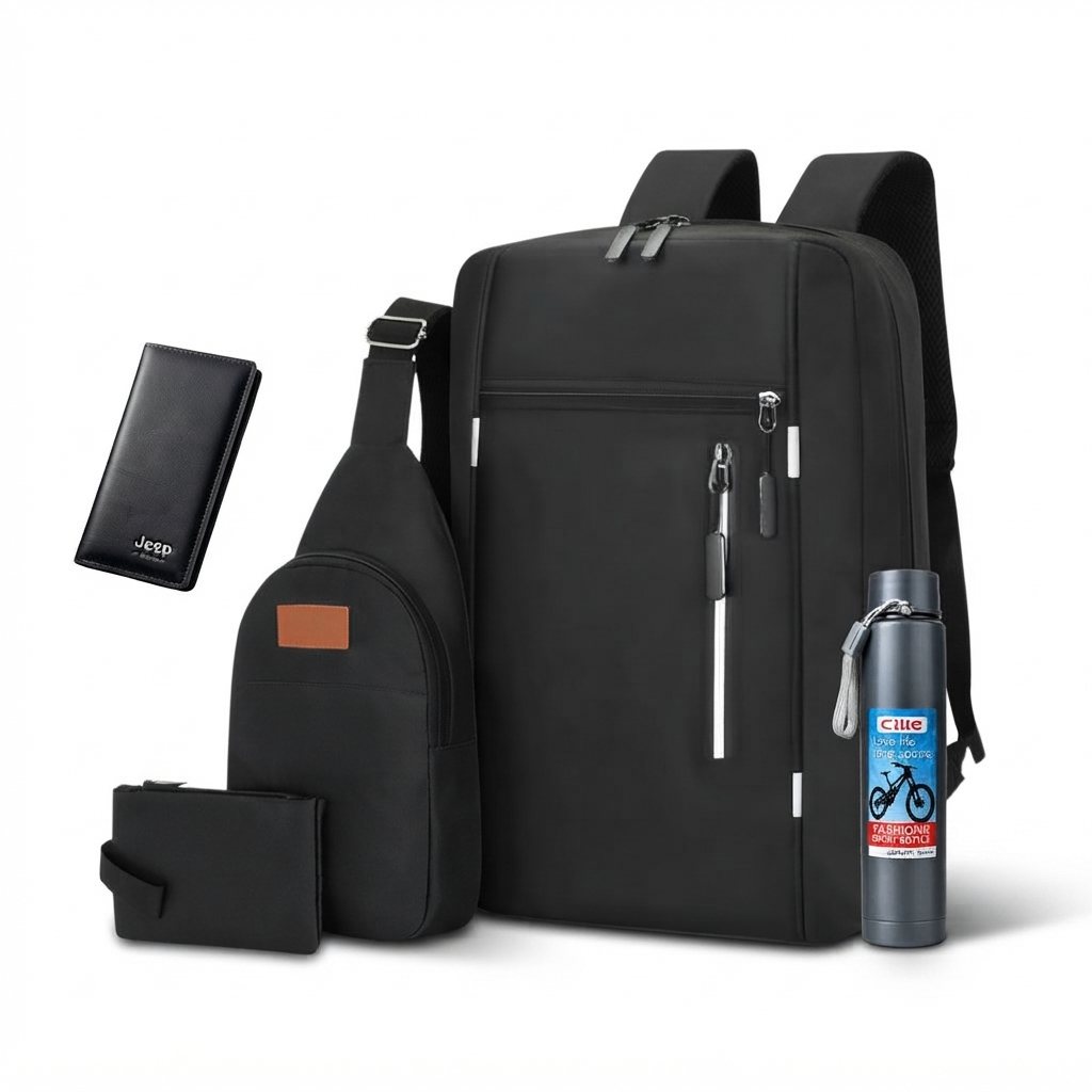 5PCS Combo Pack Men’s Casual Waterproof Laptop Backpack Set College & Computer Bag – Black – Nasmik